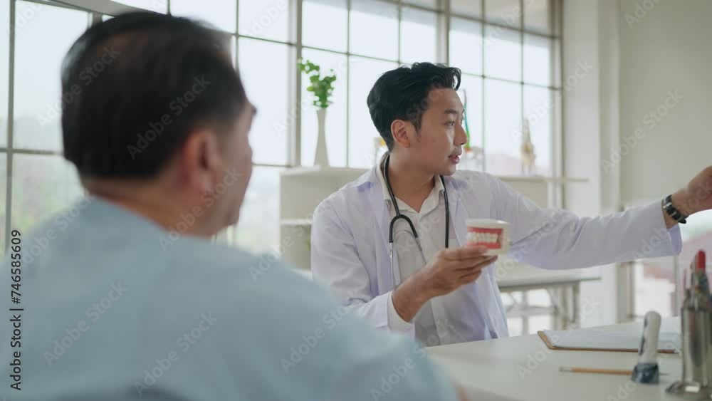 Asian man dentist talking with elderly male patient for a dental problem preparing for treatment at clinic. Dentist holding dental teeth model while consulting to elderly male patient. Dental care Asian man dentist talking with elderly male patient for a dental problem preparing for treatment at clinic. Dentist holding dental teeth model while consulting to elderly male patient. Dental care