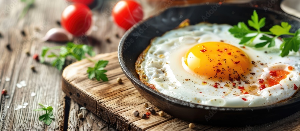 A fried egg is sizzling in a frying pan on a wooden cutting board. The egg white is firming up while the yolk remains runny, creating a delicious breakfast or brunch option. A fried egg is sizzling in a frying pan on a wooden cutting board. The egg white is firming up while the yolk remains runny, creating a delicious breakfast or brunch option.