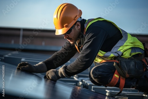 Technician installing solar panels on the roof Wear protective gloves and a helmet on the house roof to screw the solar panel during rooftop installation.