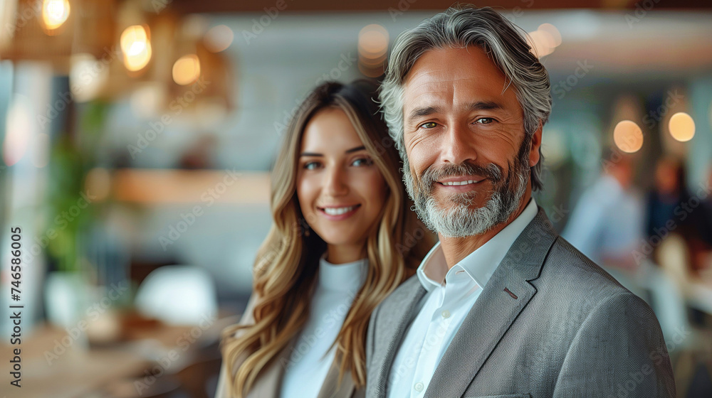 Happy young Handsome Businessman and young beautiful Businesswoman in Luxury Office. Happy young Handsome Businessman and young beautiful Businesswoman in Luxury Office.