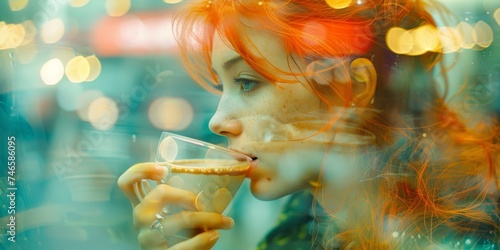 Red-headed woman enjoying a coffee in a double exposure image that overlays bokeh lights, creating a dreamy, reflective ambiance.