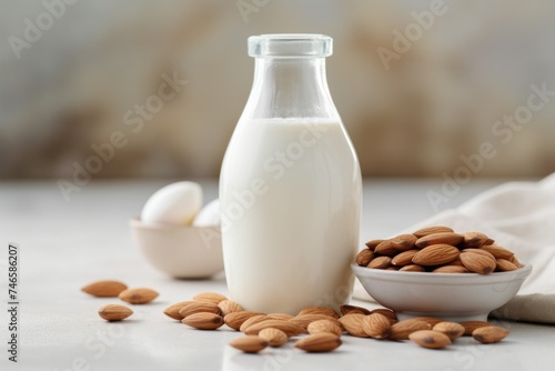 Milk in glass bottle near ceramic bowl with raw almonds on stone table in kitchen