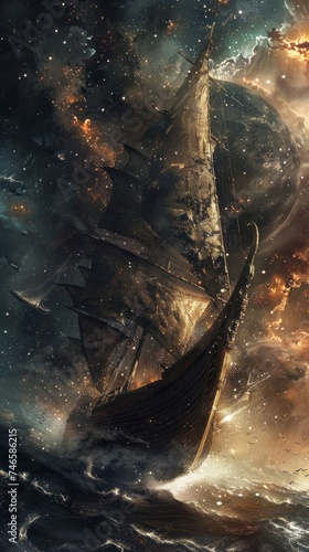 Vikings embarking on a space opera adventure, their ships sailing through the cosmos, merging past with futuristic fantasy photo