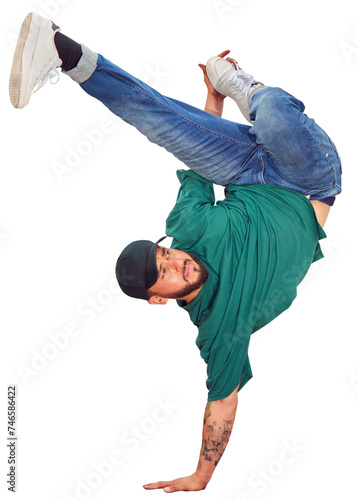 Принти на полотні breakdancer guy performing inverted freeze technique on transparent background