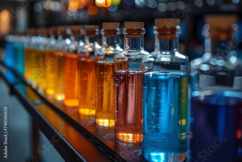 A series of vibrant, colorful bottles lined up on a shelf with varying hues visible through the glass