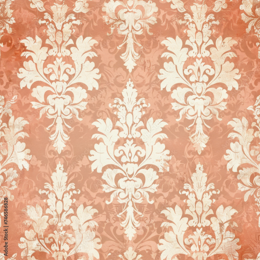 Elegant distressed damask pattern on a coral background. Elegant distressed damask pattern on a coral background.