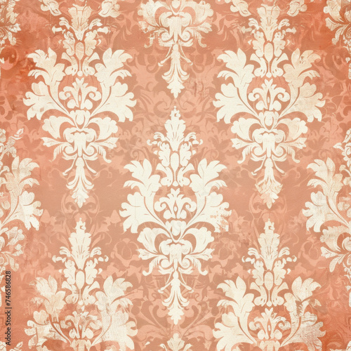 Elegant distressed damask pattern on a coral background.