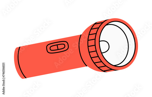 Hand drawn cute cartoon illustration of camping flashlight. Flat vector outdoor light equipment sticker in colored doodle style. Tourism pocket torch icon with outline. Adventure, hiking. Isolated.