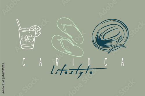 Vector illustration of composition with hat, glass of caipirinha and flip-flops. Art representing a Rio lifestyle. Drawing in simple and stylized strokes.