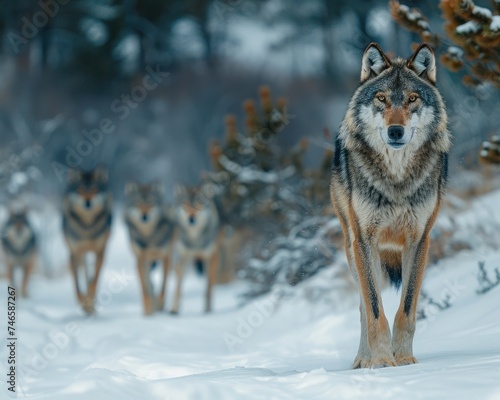 Winter Wilderness: The Majestic Gray Wolf Roams Amidst the Snowy Landscape. In the Cold, Crisp Air of the Northern Forests, these Wolves © Thares2020