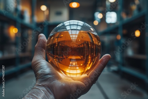 Hand presenting a reflective orange crystal ball with an industrial setting background symbolizing foresight