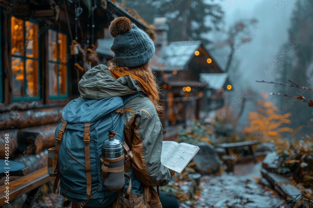 A hiker checks a map outside a rustic mountain cabin surrounded by fog, suggesting adventure and exploration A hiker checks a map outside a rustic mountain cabin surrounded by fog, suggesting adventure and exploration