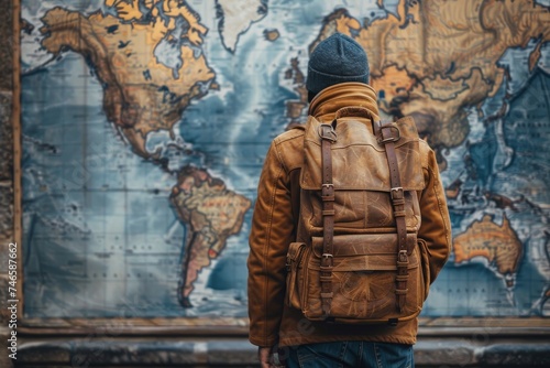 A traveler with a large backpack stands contemplating a vintage world map on a wall, hinting at wanderlust and adventure