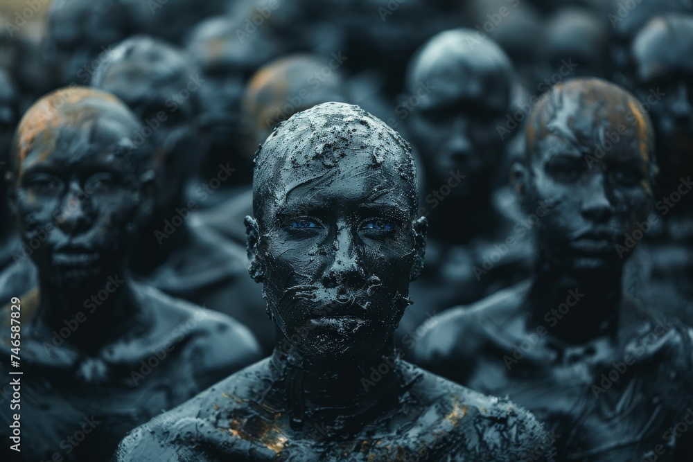 An eerie scene featuring numerous black statues with intense, human-like expressions