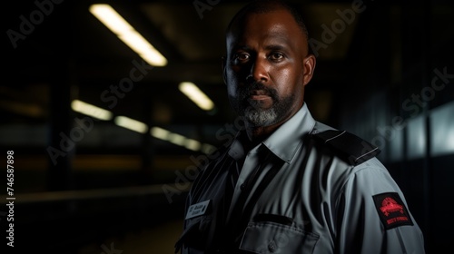 Stern security guard in uniform standing tall evenly lit