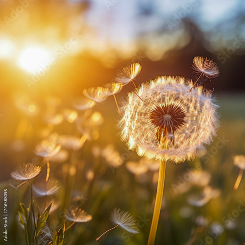 Fancy fluffy white dandelion with seeds flying in the wind. Macro shot of summer nature scene. Blurred background of summer meadow at sunrise or sunset. Close-up. Copy space.