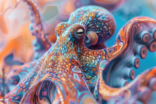 A close-up of an octopus overlaid with the swirling patterns of ocean currents in a double exposure © PinkiePie