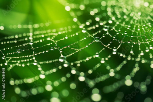 Cobweb. Spider web with drops of water after rain in forest, on fresh green background. Glowing beads of water, illusion of pearls strung on silk thread. Cleanliness and freshness morning. Close-up. © Marina_Nov