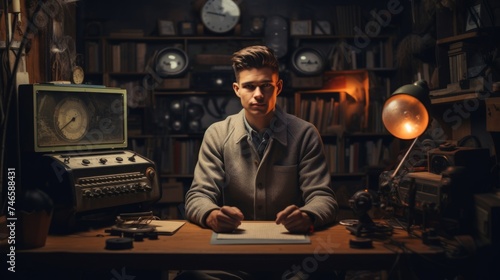 Cozy vintage radio studio portrait surrounded by retro gear