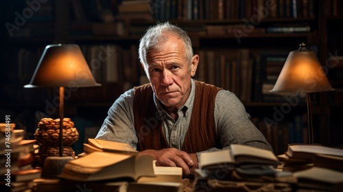 Contemplative writer at vintage desk surrounded by books