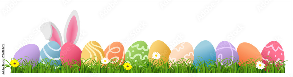 Easter bunny ears with easter eggs on meadow with flowers background banner transparent. Vector 10 eps.