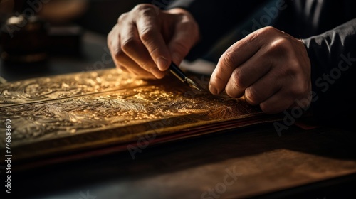 Writer's hands crafting book with leather and gold leaf studio light
