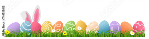 Easter bunny ears with easter eggs on meadow with flowers background banner transparent. Vector 10 eps.