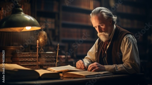 Writer's portrait in dim library surrounded by history and knowledge