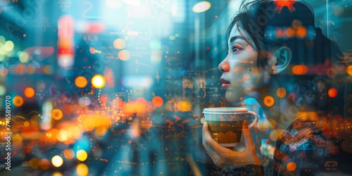 A black-haired Caucasian woman indulges in a peaceful coffee moment within a double exposure image  blending harmoniously with bokeh lights  creating a serene  reflective ambiance.