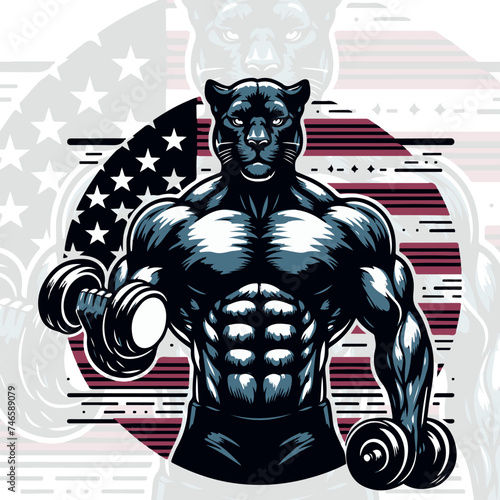 Vector Angry Panther bodybuilder concept illustration design, Generative Ai