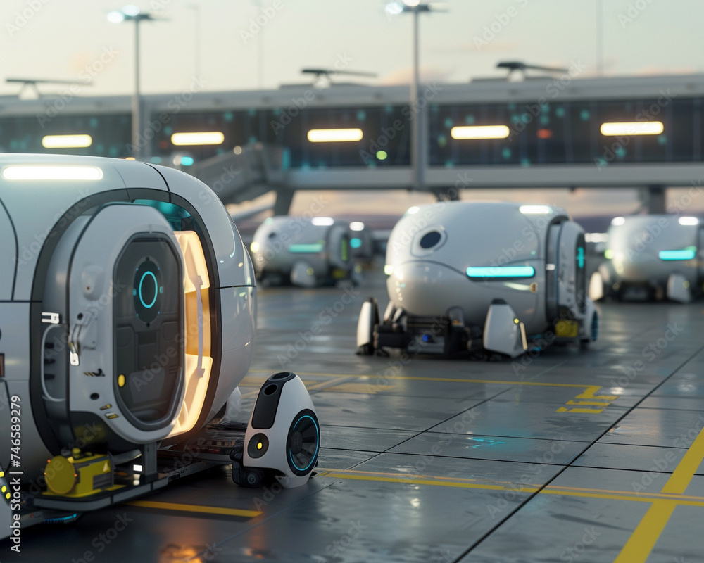 Robotics assisted airplane cargo loading showing a fleet of robots efficiently managing luggage with precision and care