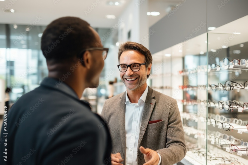 Young ophthalmologist demonstrating eyeglasses to a smiling man as he goes to the store with various types of eyeglasses.