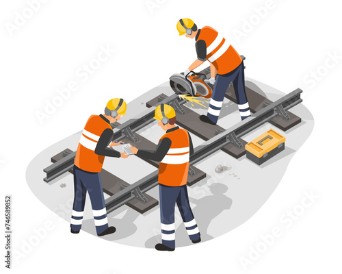 railway maintenance working service and inspecting engineer and worker woth tools to cutting isometric isolated vector