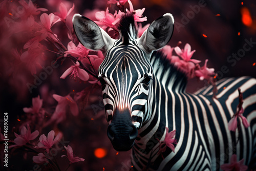 cute zebra behind flower bush