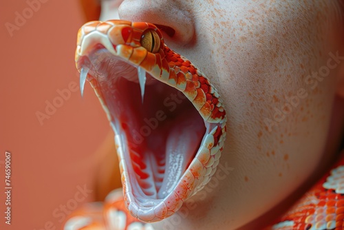 Woman with prom and snake teeth, deception and lies. Generative AI