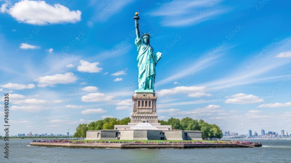 Fototapeta premium The Statue of Liberty sits on New York's Liberty Island against a beautiful blue sky with clouds.