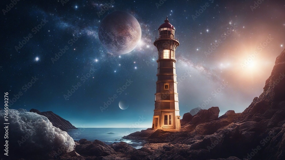 lighthouse at night A fantasy lighthouse in a cosmic space, with stars, planets, and a comet.  