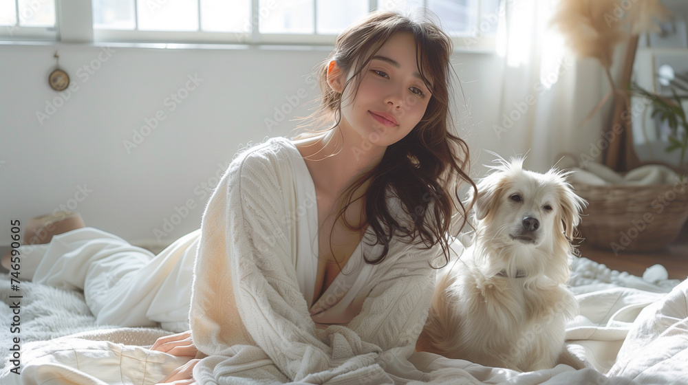 young woman play with dog in living room in modern house. white bright tone. minimal decor. young woman play with dog in living room in modern house. white bright tone. minimal decor.