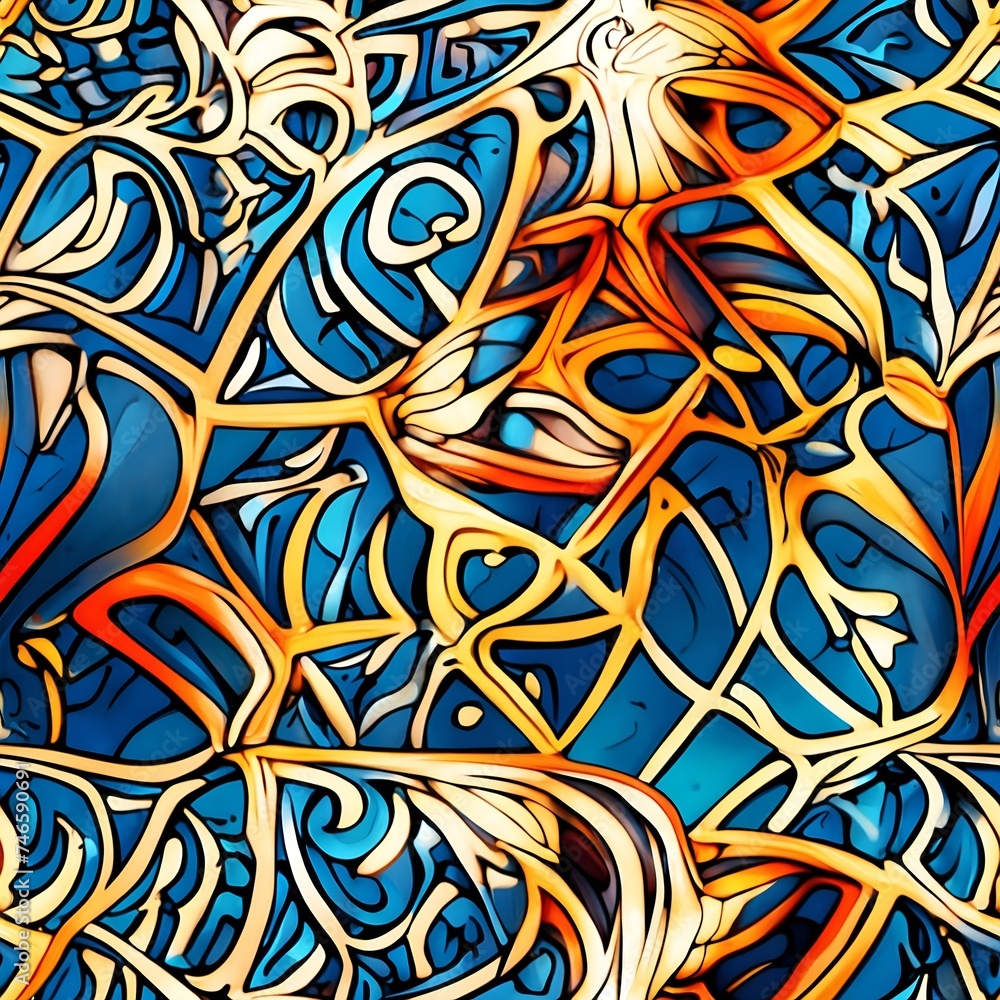 Blue and Yellow Pattern Painting. Generative AI. Blue and Yellow Pattern Painting. Generative AI.