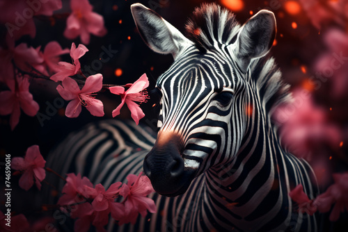 cute zebra behind flower bush