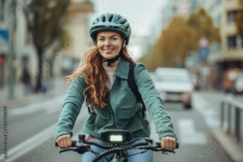 Woman rides a bicycle. Young woman in a helmet rides a green electric bicycle on the city street. Promote environmentally friendly urban transportation photo
