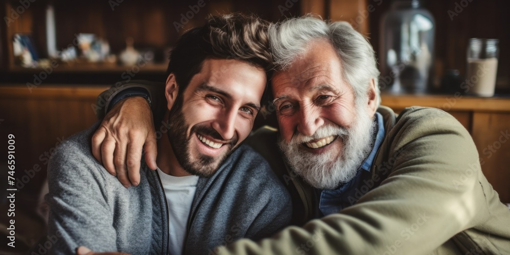Adult son hugging old father Have fun at home Two bearded models chatting and relaxing with smiles. Two happy men. Adult son hugging old father Have fun at home Two bearded models chatting and relaxing with smiles. Two happy men.
