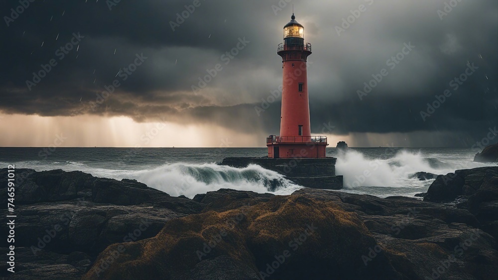 lighthouse at dusk A lighthouse in a stormy landscape,  