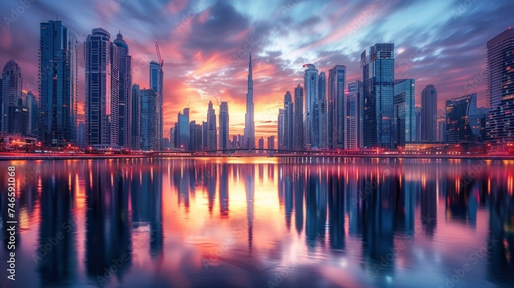 View of modern skyscrapers reflected in still water of river near bridge with sunset sky.