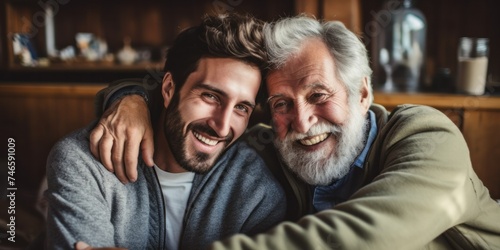 Adult son hugging old father Have fun at home Two bearded models chatting and relaxing with smiles. Two happy men.