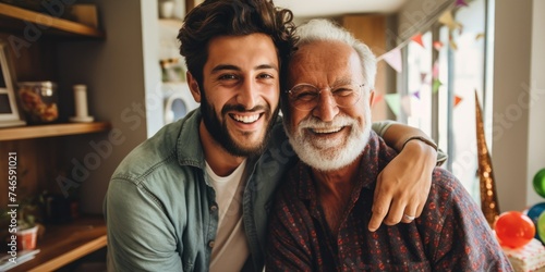 Adult son hugging old father Have fun at home Two bearded models chatting and relaxing with smiles. Two happy men. photo