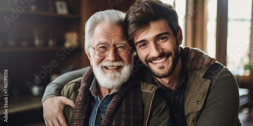 Adult son hugging old father Have fun at home Two bearded models chatting and relaxing with smiles. Two happy men.