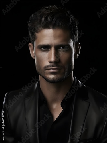 Photo of male model, black and white, realistic, poster, not painted, very detailed faces, skin with pores,4 k,  dark suit, black plain background, skin not smoothed, face from left to right © TheHabits