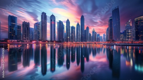 View of modern skyscrapers reflected in still water of river near bridge with sunset sky. © jureephorn