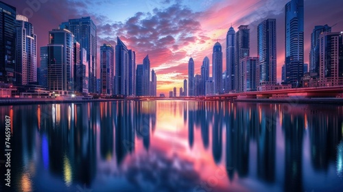 View of modern skyscrapers reflected in still water of river near bridge with sunset sky.